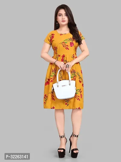 Stylish Yellow Crepe Printed Fit And Flare Dress For Women