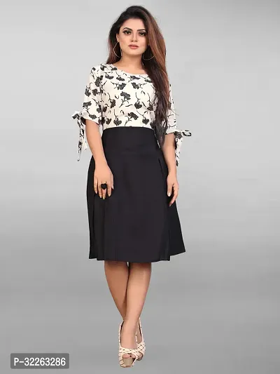 Stylish White Crepe Printed Fit And Flare Dress For Women-thumb0