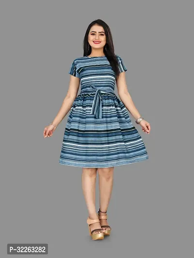 Stylish Blue Crepe Printed Fit And Flare Dress For Women