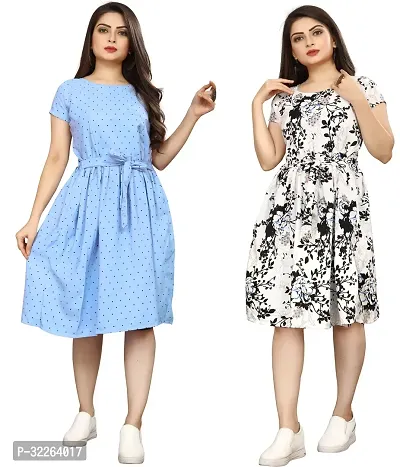 Stylish Multicoloured Crepe Printed Fit And Flare Dress For Women Pack of 2-thumb0