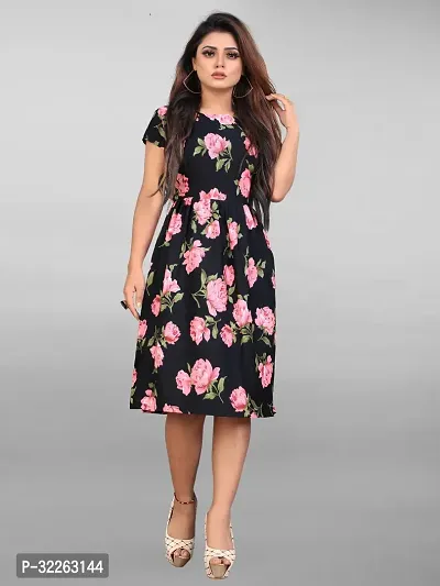 Stylish Black Crepe Printed Fit And Flare Dress For Women