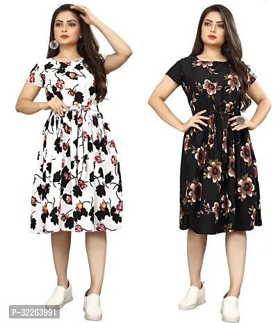 Stylish Multicoloured Crepe Printed Fit And Flare Dress For Women Pack of 2-thumb0