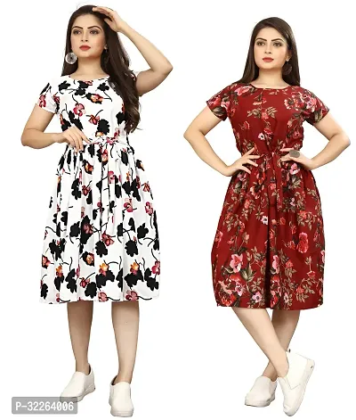 Stylish Multicoloured Crepe Printed Fit And Flare Dress For Women Pack of 2-thumb0