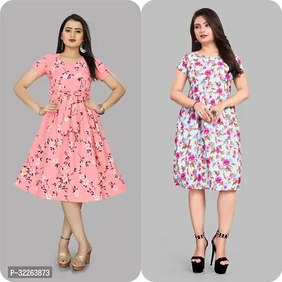 Stylish Multicoloured Crepe Printed Fit And Flare Dress For Women Pack of 2-thumb0