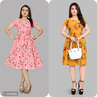 Stylish Multicoloured Crepe Printed Fit And Flare Dress For Women Pack of 2-thumb0