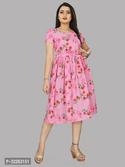 Stylish Pink Crepe Printed Fit And Flare Dress For Women