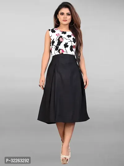 Stylish Black Crepe Printed Fit And Flare Dress For Women-thumb0