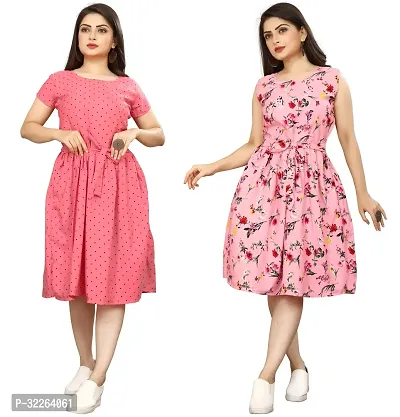 Stylish Multicoloured Crepe Printed Fit And Flare Dress For Women Pack of 2-thumb0