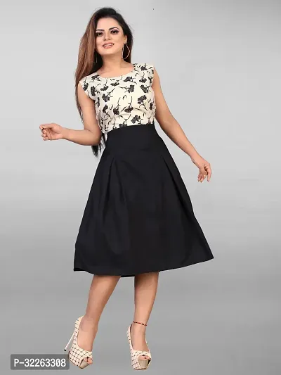 Stylish Black Crepe Printed Fit And Flare Dress For Women