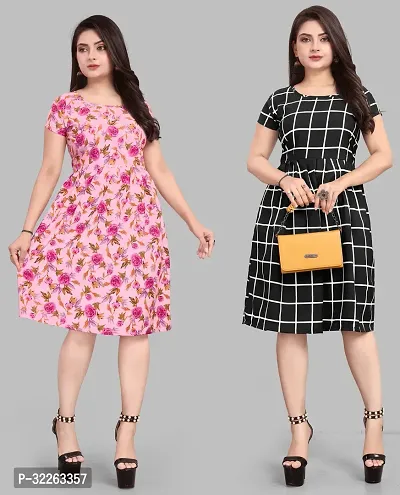 Stylish Multicoloured Crepe Printed Fit And Flare Dress For Women Pack of 2-thumb0