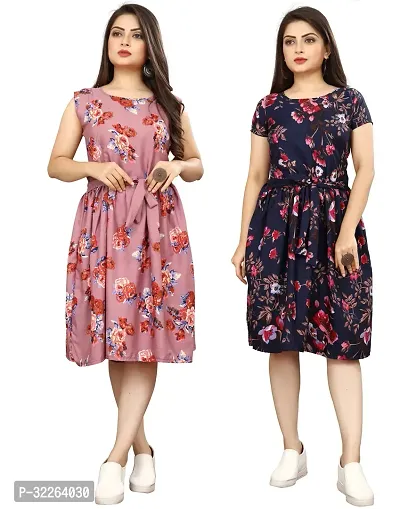 Stylish Multicoloured Crepe Printed Fit And Flare Dress For Women Pack of 2-thumb0