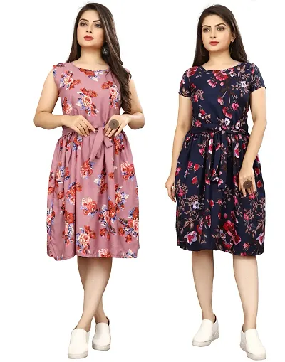 Fancy Printed Fit & Flare Dress Combo of 2