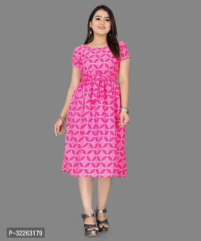 Stylish Pink Crepe Printed Fit And Flare Dress For Women-thumb0