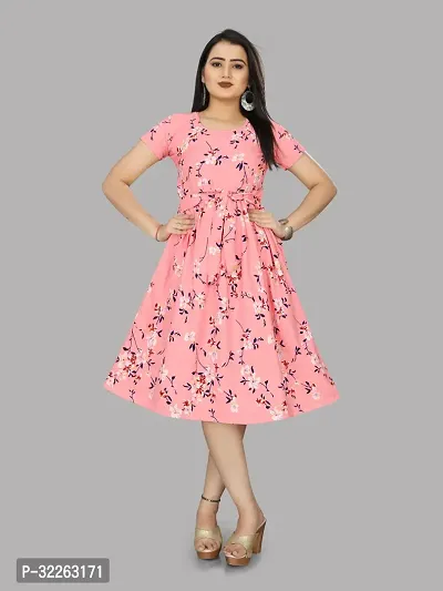 Stylish Pink Crepe Printed Fit And Flare Dress For Women-thumb0