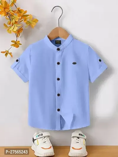 Stylish Blue Cotton Solid Shirts For Boys-thumb0