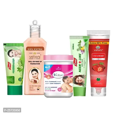 Vetoni Face Care Cream For Women - Strawberry Face Wash| Roll-On Make Up Foundation Cream | Neem  Lime Natural Fairness Cream | Veclean Hair Removal Cream | Cucumber  Tulsi Fairness Cream| Deep Cleansing  Natural Glow (Combo Pack of 5)