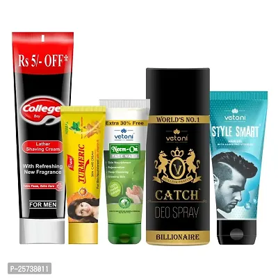 Vetoni Men's Care Kit - College Boy Shaving Cream, Style Smart Hair Gel, Turmeric Cream, Neem Face Wash  Catch Deo. Pack of 5
