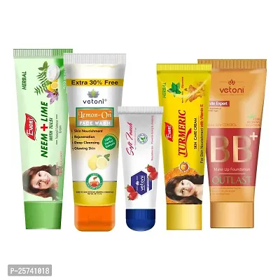 Vetoni Women's Care Kit - BB Foundation, Turmeric, Neem+Lime, Lemon Face Wash  Soft Touch Lip Balm Pack of 5