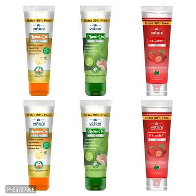 Vetoni Face Wash Neem, Lemon  Strawberry| Face wash For All Skin Types Pack of 6(65ml)