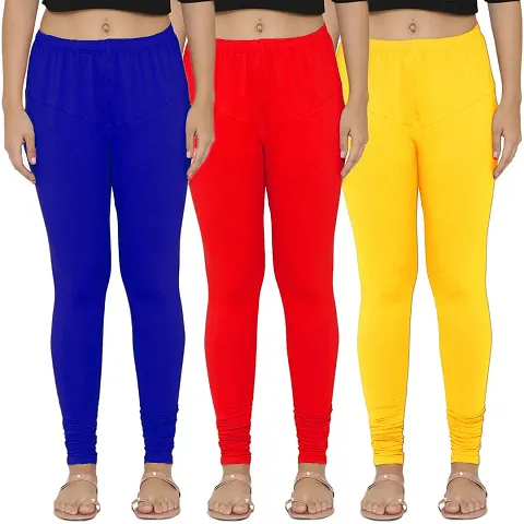 Heena Fashion Care Women?s Solid Fit Lycra Chudidhar Skinny Fit Leggings Combo Pack of 3 (Royal Blue, Red, Yellow)