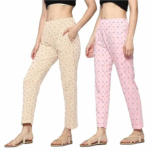 Comfy Cotton Printed Lounge Pants For Women Pack of 2