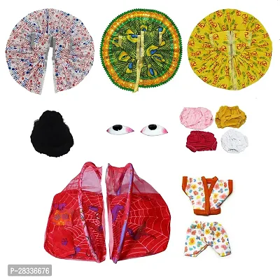 Ecommall Laddu Gopal Cotton Summer Dress Size 0 Number Combo Set 3 Dress, 1 Night Dress, 1 Mosquito Net Bed, 1 Hair, 1 Eyes, 4 Panty/Nappy Set for Khana ji Accessories Poshak Combo Set