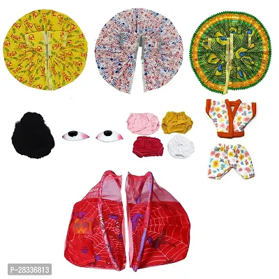 Ecommall Laddu Gopal Dress Size 1 Cotton Summer Dress Combo 3 Dress, 1 Night Dress, 1 Mosquito Net Bed, 1 Hair, 1 Eyes, 4 Panty/Nappy for Khana ji Accessories Poshak Combo Set