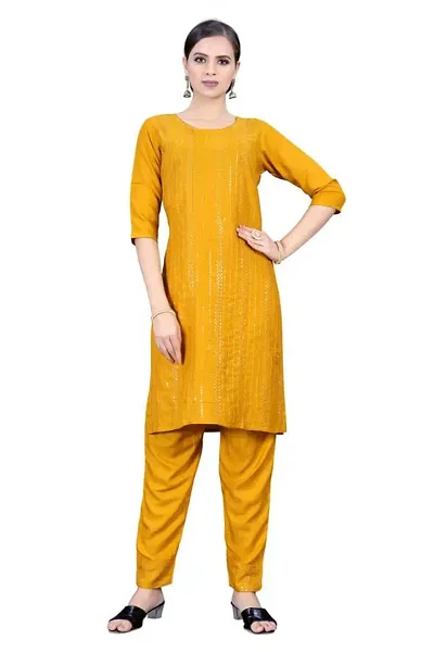 SHREE RAMDEV SILK MILLS Women's Relaxed Rayon Regular Woven Round Neck Kurta (Satari) Size :-