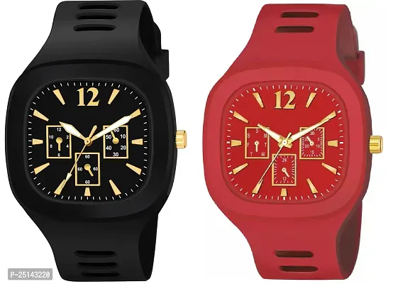 hala - ((Black + Red) Miller) Combo of 2  Watch Special Summer Collection Square Dial with Silicone Strap Analog Watch - For Men