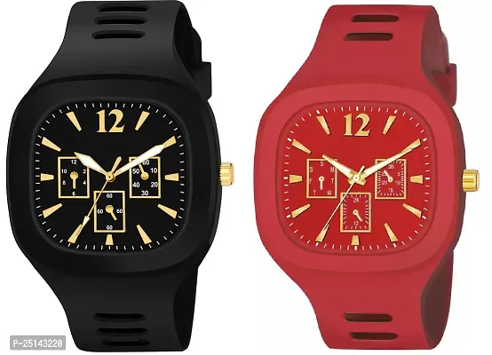 hala - ((Black + Red) Miller) Combo of 2  Watch Special Summer Collection Square Dial with Silicone Strap Analog Watch - For Men-thumb0