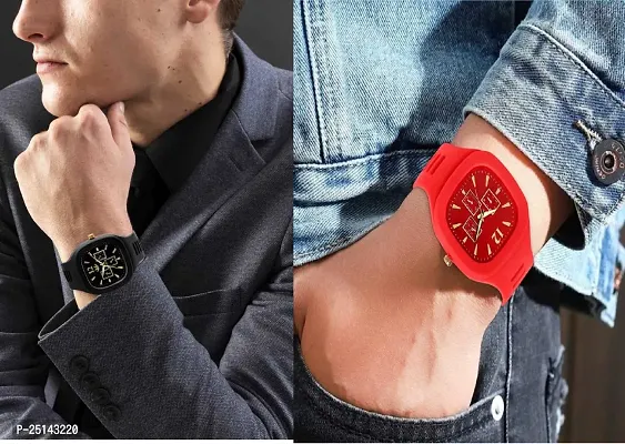 hala - ((Black + Red) Miller) Combo of 2  Watch Special Summer Collection Square Dial with Silicone Strap Analog Watch - For Men-thumb2