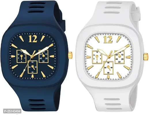 hala - (Blue + White) Miller - Combo of 2  Watch Special Summer Collection Square Dial with Silicone Strap Analog Watch - For Men-thumb0
