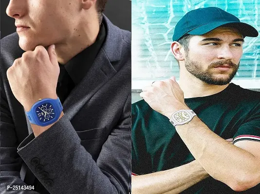 hala - (Blue + White) Miller - Combo of 2  Watch Special Summer Collection Square Dial with Silicone Strap Analog Watch - For Men-thumb3