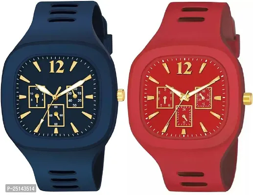 hala - (Blue + Red) Miller - Combo of 2  Watch Special Summer Collection Square Dial with Silicone Strap Analog Watch - For Men-thumb0