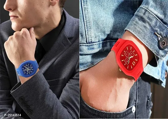 hala - (Blue + Red) Miller - Combo of 2  Watch Special Summer Collection Square Dial with Silicone Strap Analog Watch - For Men-thumb4