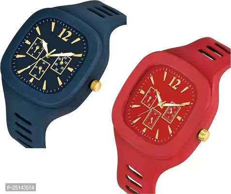 hala - (Blue + Red) Miller - Combo of 2  Watch Special Summer Collection Square Dial with Silicone Strap Analog Watch - For Men-thumb2