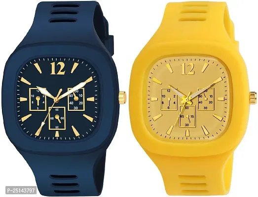 hala - (Yellow + Blue) Miller - Combo of 2  Watch Special Summer Collection Square Dial with Silicone Strap Analog Watch - For Men-thumb0