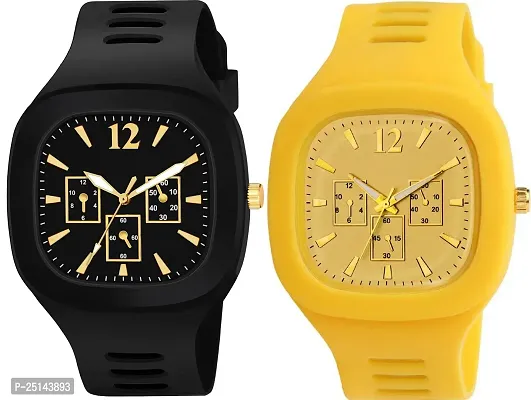 hala - (Yellow + Black) Miller - Combo of 2  Watch Special Summer Collection Square Dial with Silicone Strap Analog Watch - For Men-thumb0