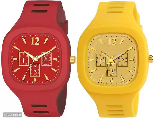 hala - (Yellow + Red) Miller - Combo of 2  Watch Special Summer Collection Square Dial with Silicone Strap Analog Watch - For Men-thumb0