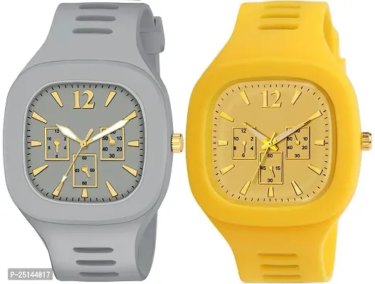 hala - (Yellow + Grey) Miller - Combo of 2  Watch Special Summer Collection Square Dial with Silicone Strap Analog Watch - For Men-thumb0