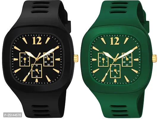 hala - (Black + Green) Miler - Combo of 2  Watch Special Summer Collection Square Dial with Silicone Strap Analog Watch - For Men