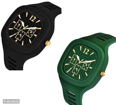 hala - (Black + Green) Miler - Combo of 2  Watch Special Summer Collection Square Dial with Silicone Strap Analog Watch - For Men-thumb2