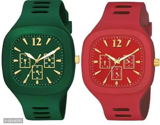 hala - (Green + Red) Miller - Combo of 2  Watch Special Summer Collection Square Dial with Silicone Strap Analog Watch - For Men