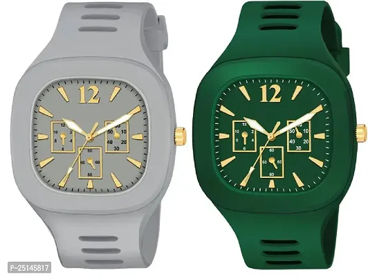 hala - (Grey + Green) Miller - Combo of 2  Watch Special Summer Collection Square Dial with Silicone Strap Analog Watch - For Men