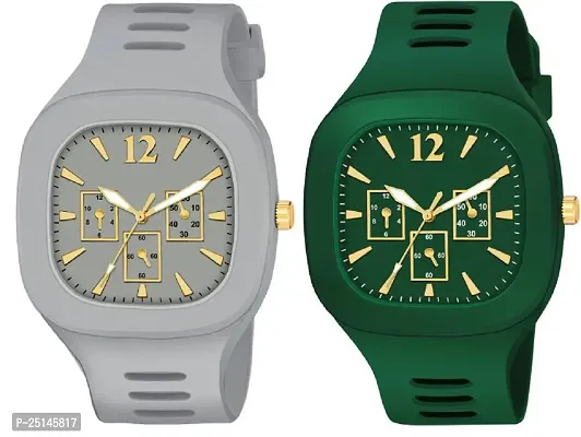 hala - (Grey + Green) Miller - Combo of 2  Watch Special Summer Collection Square Dial with Silicone Strap Analog Watch - For Men-thumb0