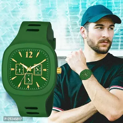 hala - (Grey + Green) Miller - Combo of 2  Watch Special Summer Collection Square Dial with Silicone Strap Analog Watch - For Men-thumb4