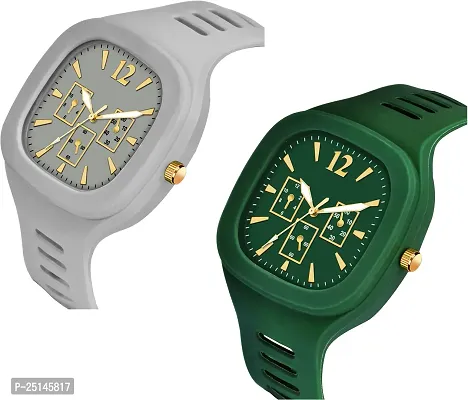 hala - (Grey + Green) Miller - Combo of 2  Watch Special Summer Collection Square Dial with Silicone Strap Analog Watch - For Men-thumb3