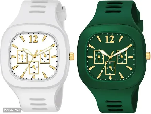 hala - (White + Green) Miller - Combo of 2  Watch Special Summer Collection Square Dial with Silicone Strap Analog Watch - For Men-thumb0