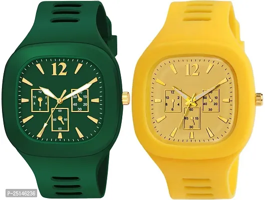 hala - (Yellow + Green) Miller - Combo of 2  Watch Special Summer Collection Square Dial with Silicone Strap Analog Watch - For Men