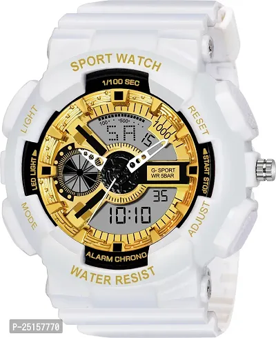 hala - (G-SHOCK-WHITE-STRAP-GOLD-DIAL)  Analog-Digital Military Full White Sports Fully Waterproof Digital Watch - For Men